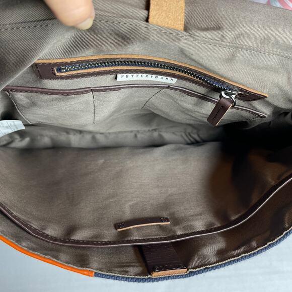 Pottery Barn Bradley Leather Canvas Messenger Laptop Bag Navy Orange - Picture 6 of 16